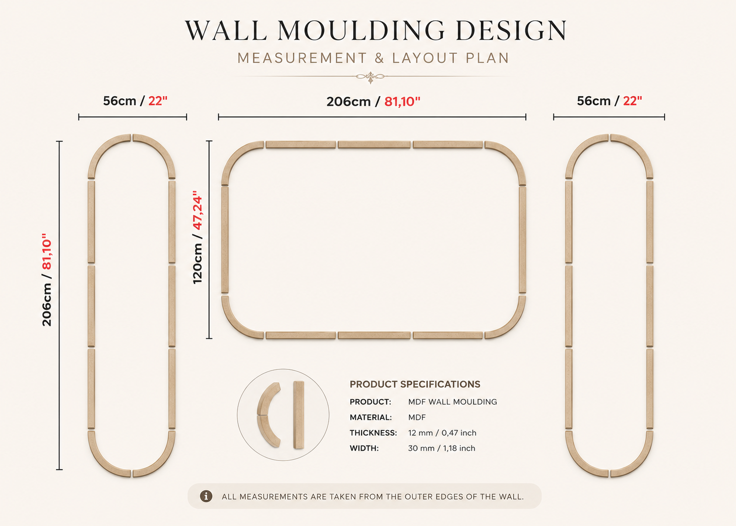 Wall moulding design measurement and layout plan with dimensions and specifications.
