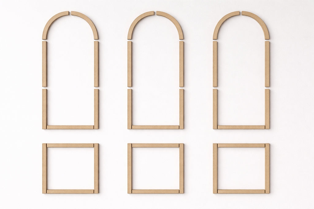 Set of MDF wooden picture frames with different shapes on a white background