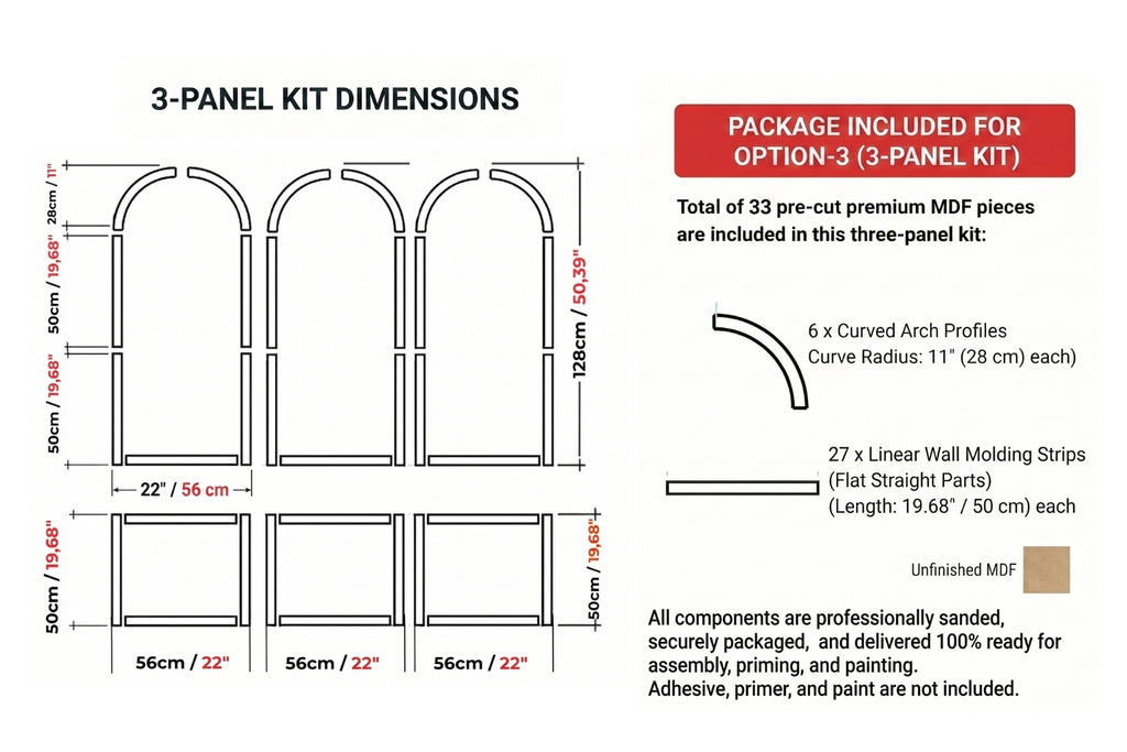 3-panel kit dimensions diagram with included components for a decorative archway.