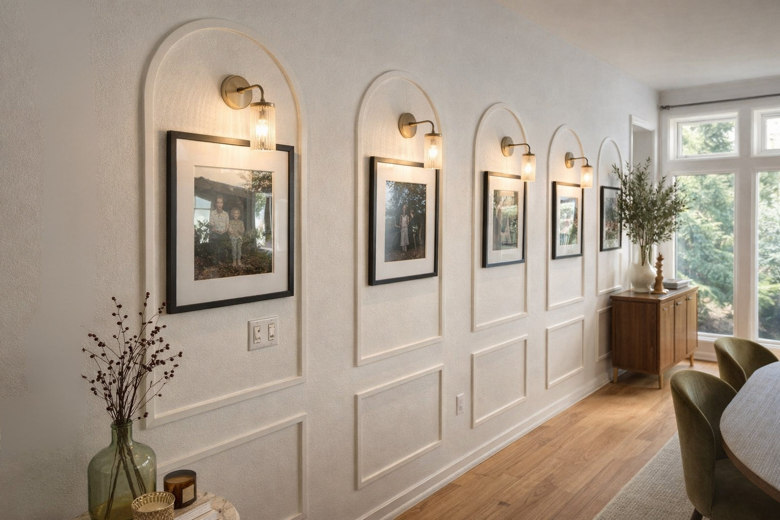 Decorative wall with arched wall molding, framed landscape pictures, wall sconces, and a wooden console table.