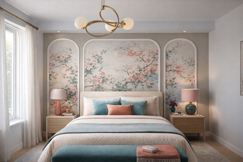 Decorative bedroom with arched wall molding and floral wall art, bed, and lamps.
