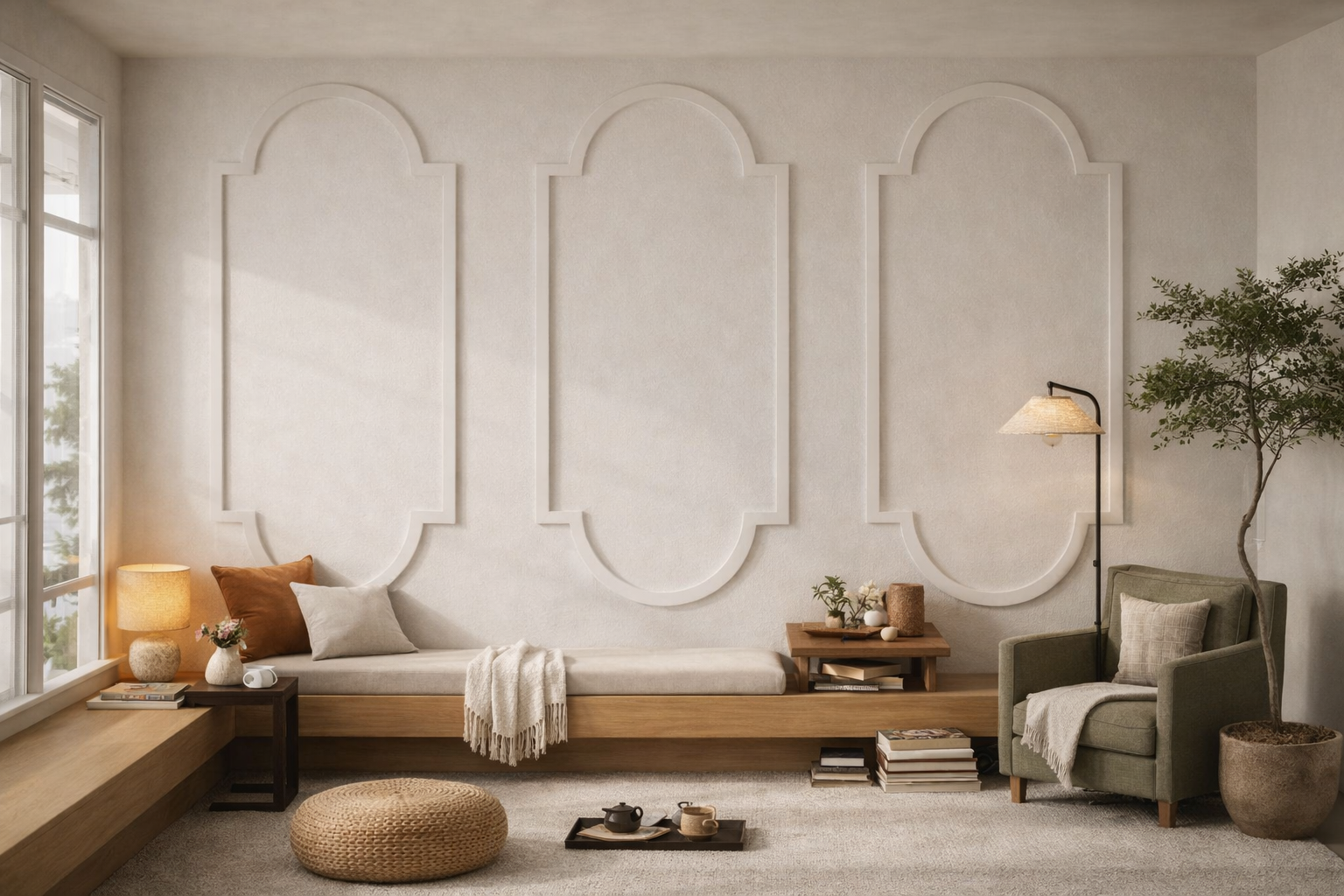 Modern living room with an arched wall molding, decorative panel, sofa, armchair, and decorative items.