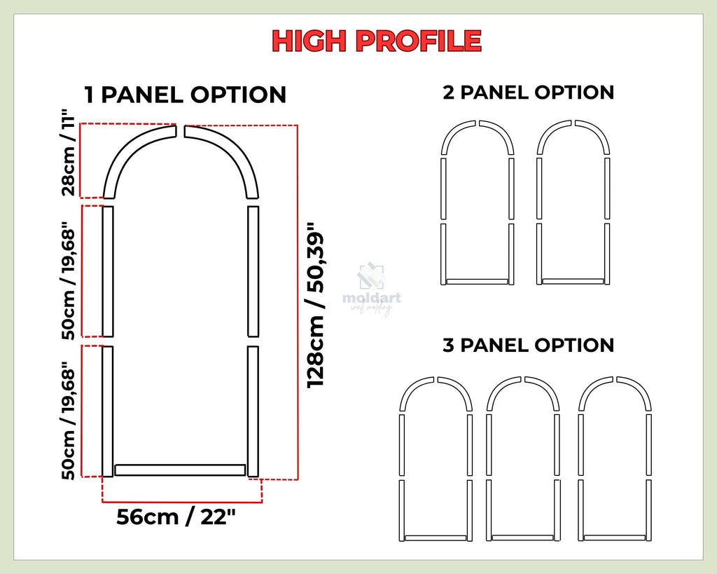 Diagram of arched panel options, including 1, 2, and 3 panel configurations. The 1-panel option is 22 inches wide and 50.39 inches tall. The text "HIGH PROFILE" is at the top. Measurements are in inches and centimeters.
