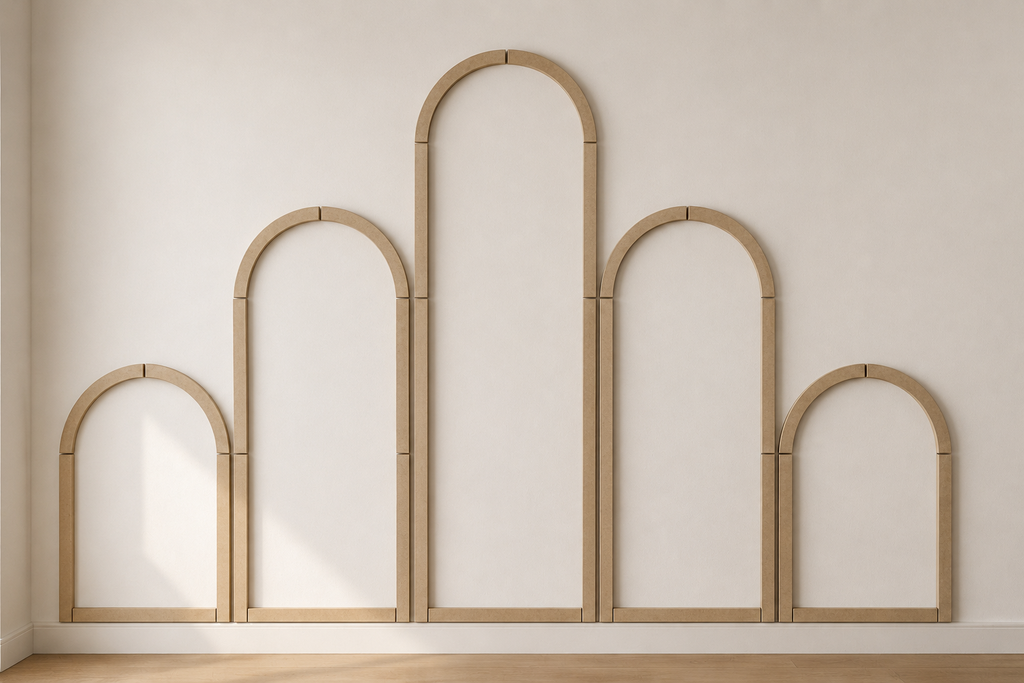 Five arched wall molding frames arranged symmetrically on a wall demonstrating the installation layout before painting.