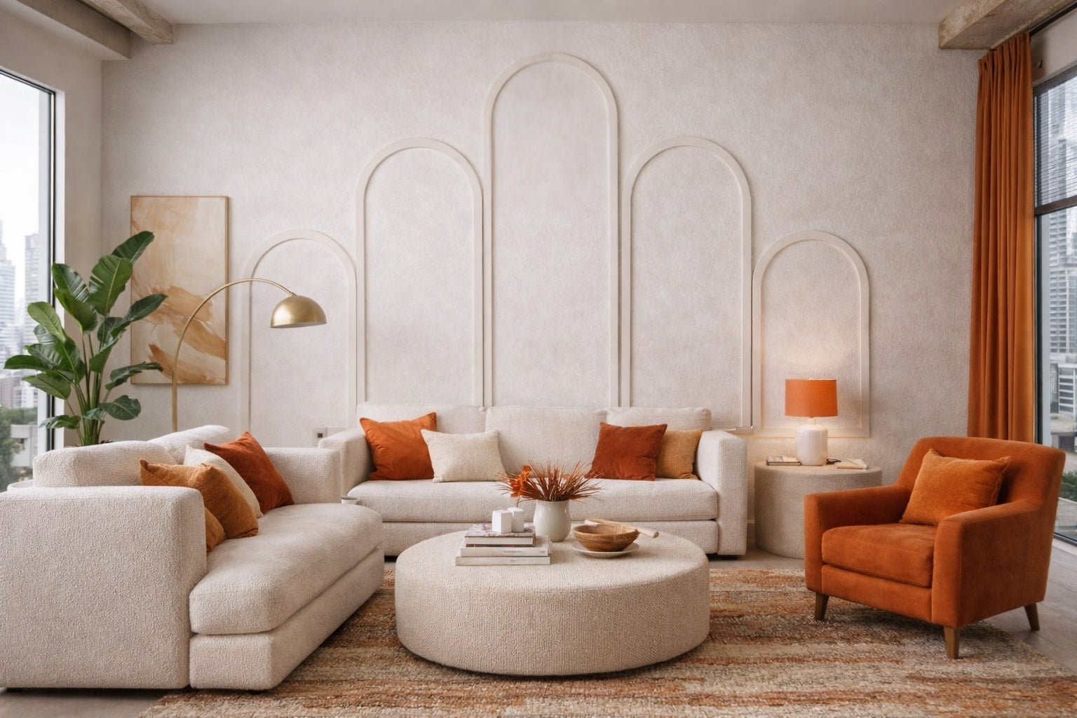 Elegant arched wall molding accent wall in a contemporary living room creating depth, symmetry and architectural character with beige sectional sofa, orange armchair, and decorative elements.