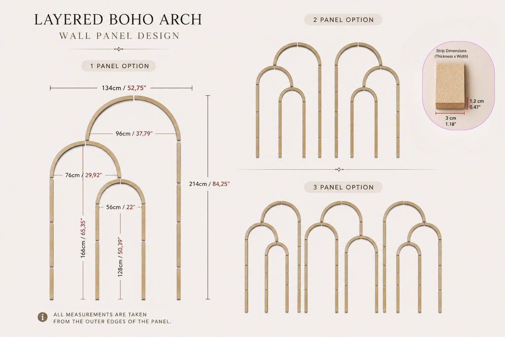 Diagram of layered boho arch wall panel designs with measurements.