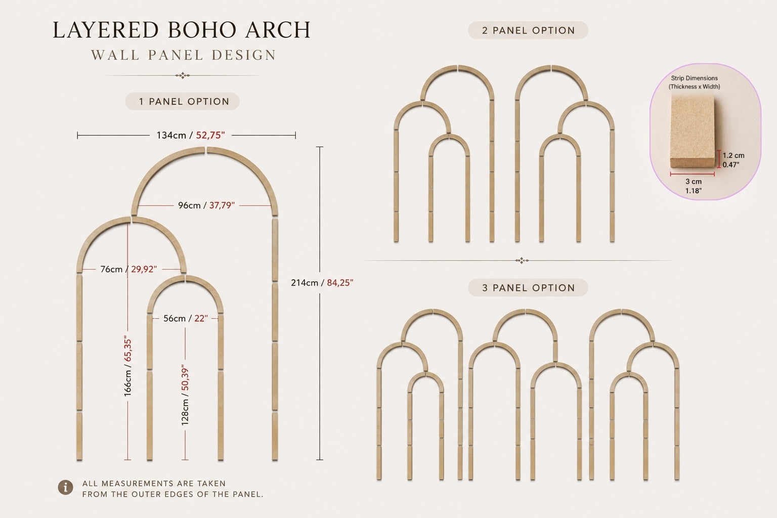 Diagram of layered boho arch wall panel designs with measurements.