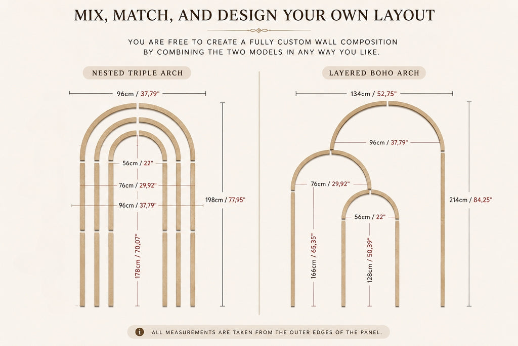 Architectural design elements with measurements on a beige background
