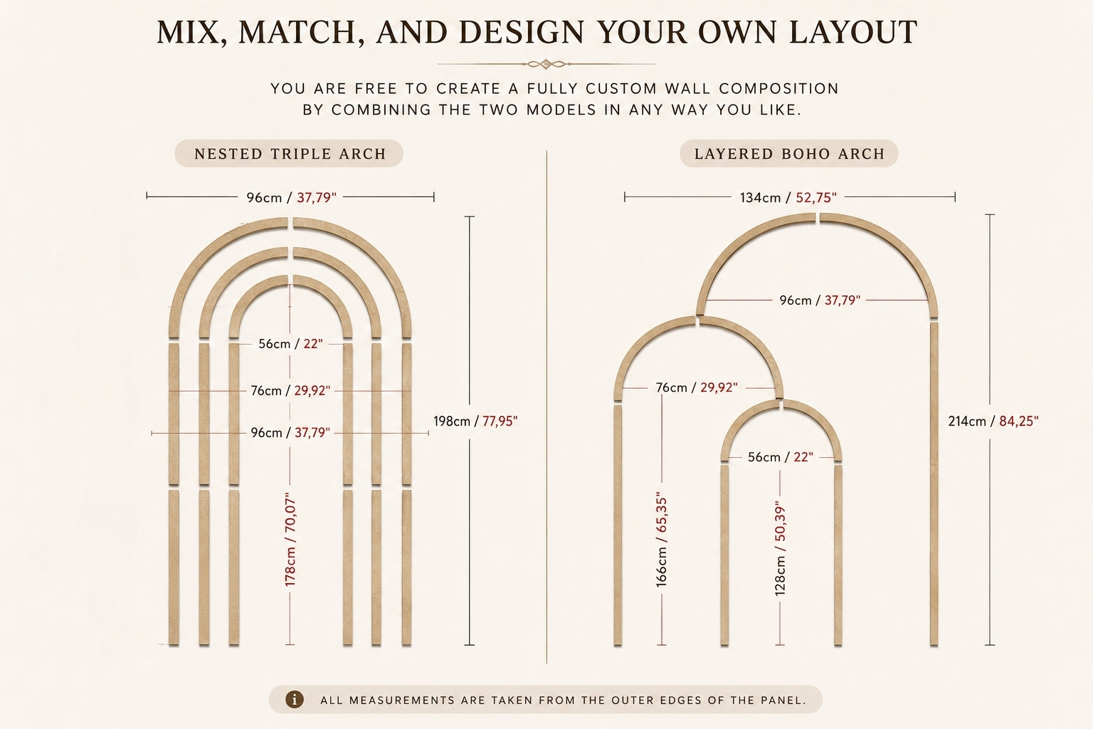 Architectural design elements with measurements on a beige background