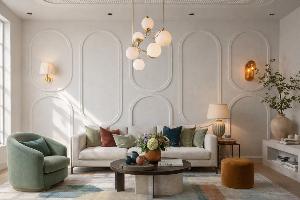 Modern living room with arched wall molding accent wall design in neutral tones and elegant interior styling