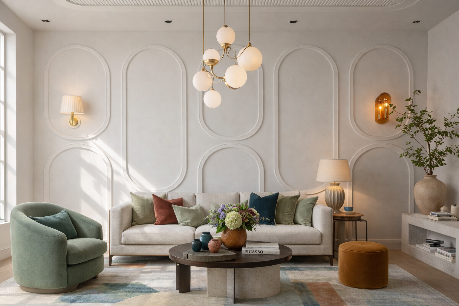 Modern living room with arched wall molding accent wall design in neutral tones and elegant interior styling