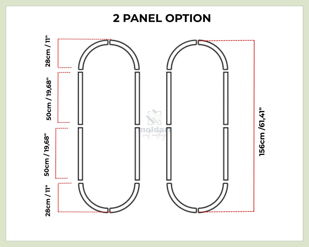 Diagram of a 2-panel option with dimensions on a white background