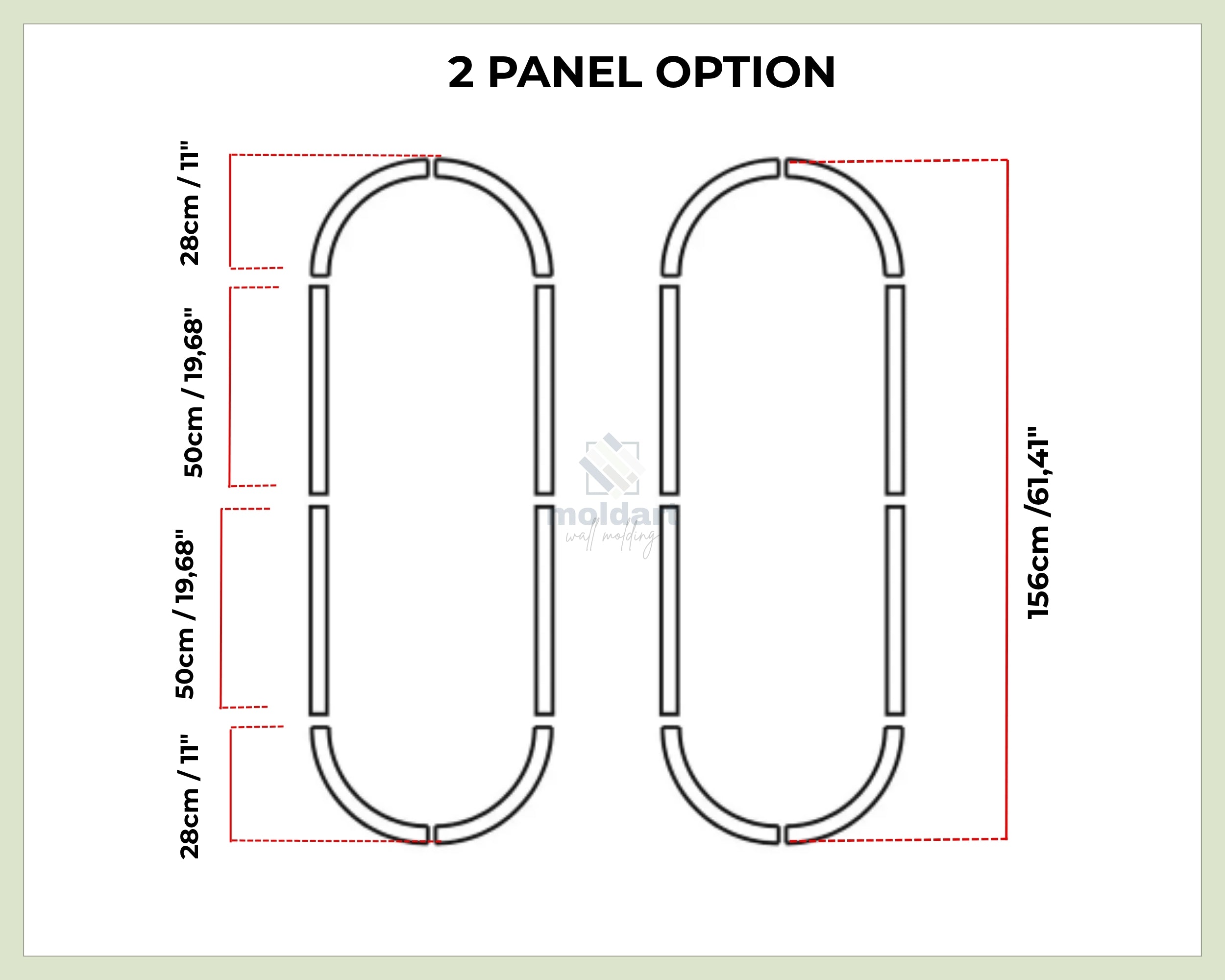 Diagram of a 2-panel option with dimensions on a white background