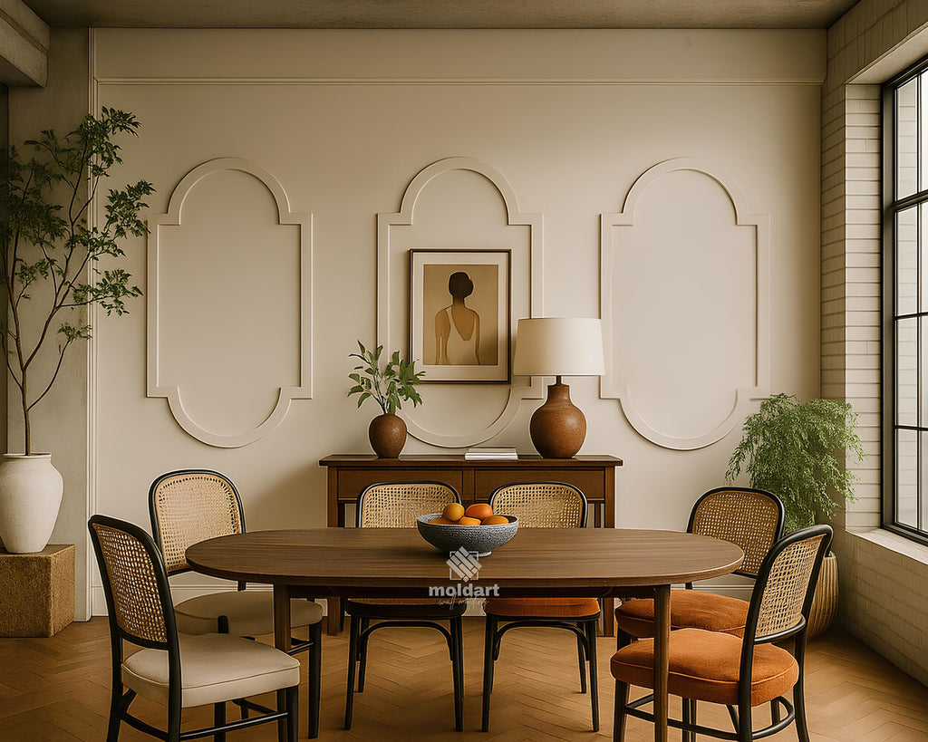 arched MDF wall panel molding installed on modern interior wall-Dining room with wooden table and chairs, decorative wall art, and plants.