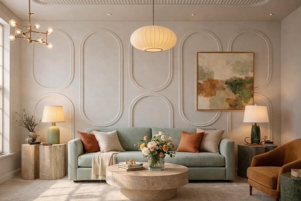 A beautifully styled living room featuring a sage green sofa with orange and beige accent pillows, a round stone coffee table with a floral centerpiece, and a textured beige wall with decorative arch molding behind it.