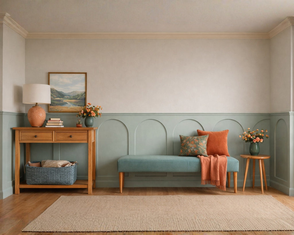 arched decorative wall panel molding design-Living room with a blue sofa, wooden side table, and decorative elements.
