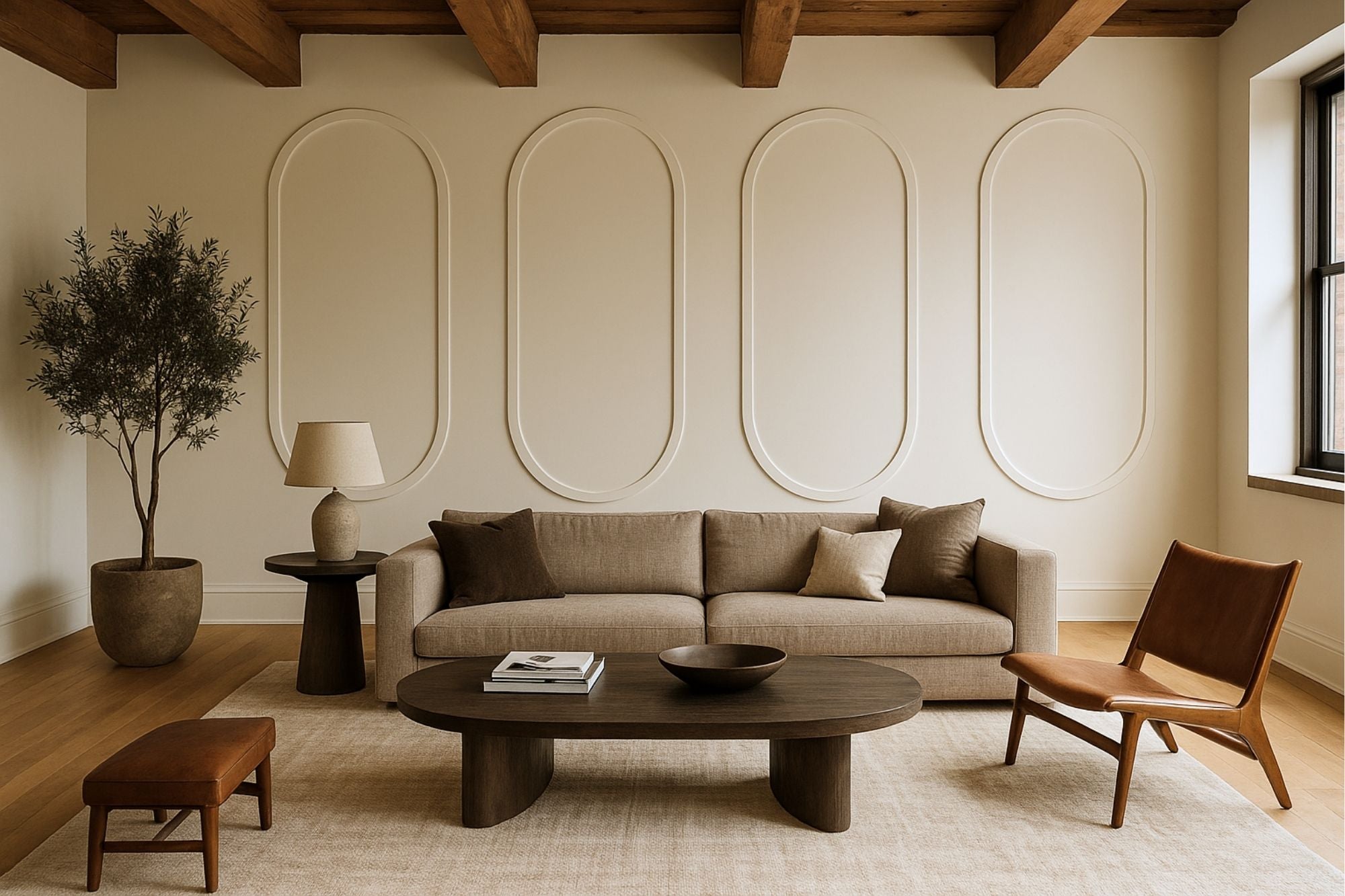arched decorative wall molding panel design using MDF trim-Modern living room with a beige sofa, wooden coffee table, and chair.
