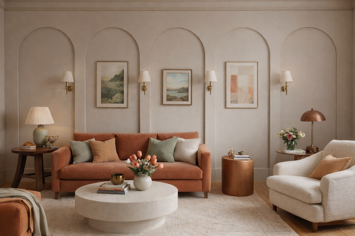 A beautifully styled living room featuring a terracotta orange sofa with green and beige accent pillows, a round white coffee table, a cream armchair, and a beige wall with decorative arched recesses and framed art.