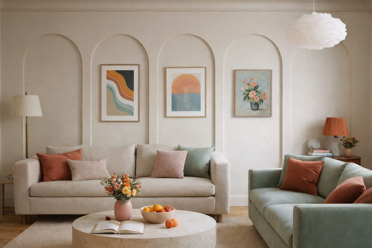 A beautifully styled living room featuring a light beige sofa and a sage green loveseat, decorated with terracotta and blush pillows. The walls have a warm cream tone with arched recesses displaying three framed abstract and floral art prints.