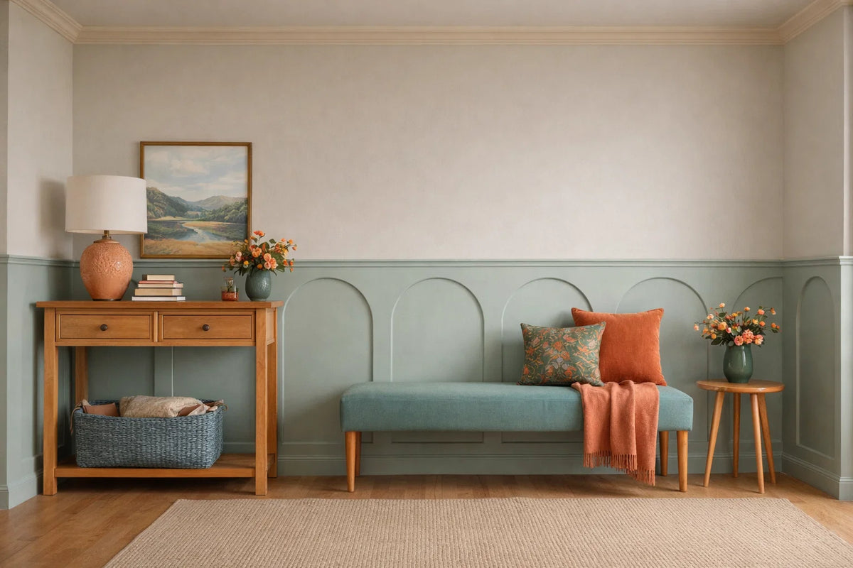 A styled interior room scene with a teal upholstered bench against a pale wall with green wainscoting, a wooden console table with a lamp and framed landscape, and small side tables with flowers.