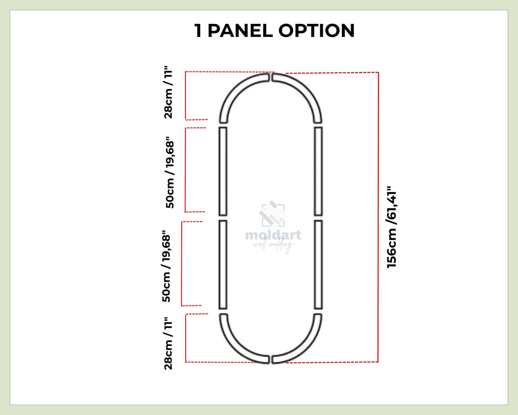 arched MDF wall molding measurement chart for a 1-panel option with dimensions in centimeters and inches.