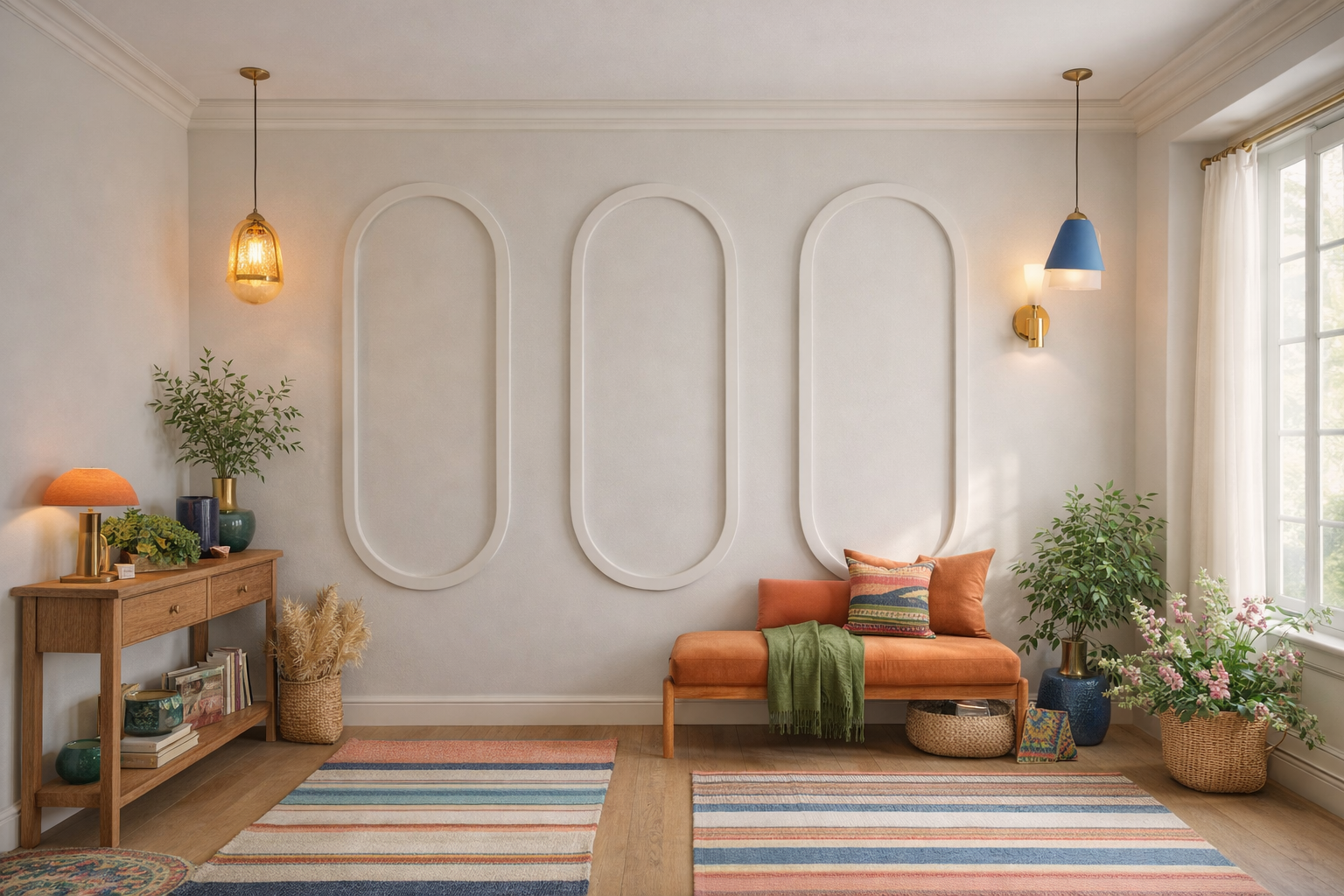 Modern living room with a bench, striped rug, and decorative oval wall panel