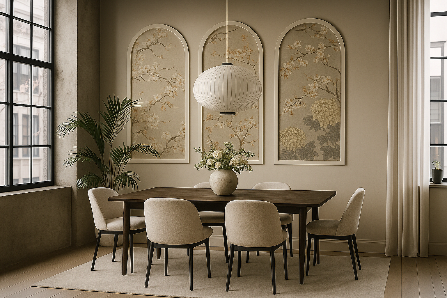 Arched wall molding kit for the dining room with a wooden table and chairs, floral arrangements, and wall art.