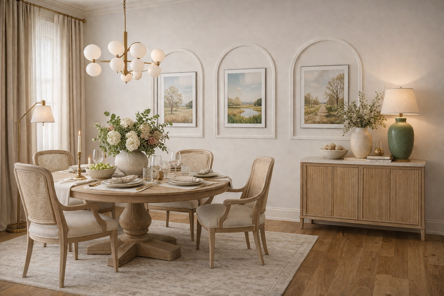 Arched wall molding, low profile for an elegant dining room with a wooden table, chairs, and decorative elements.