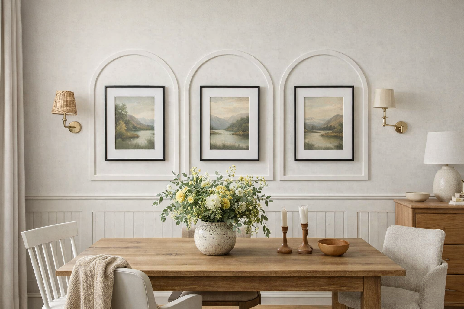 Dining room with arched wall panel, wooden table, chairs, and wall art depicting landscapes.