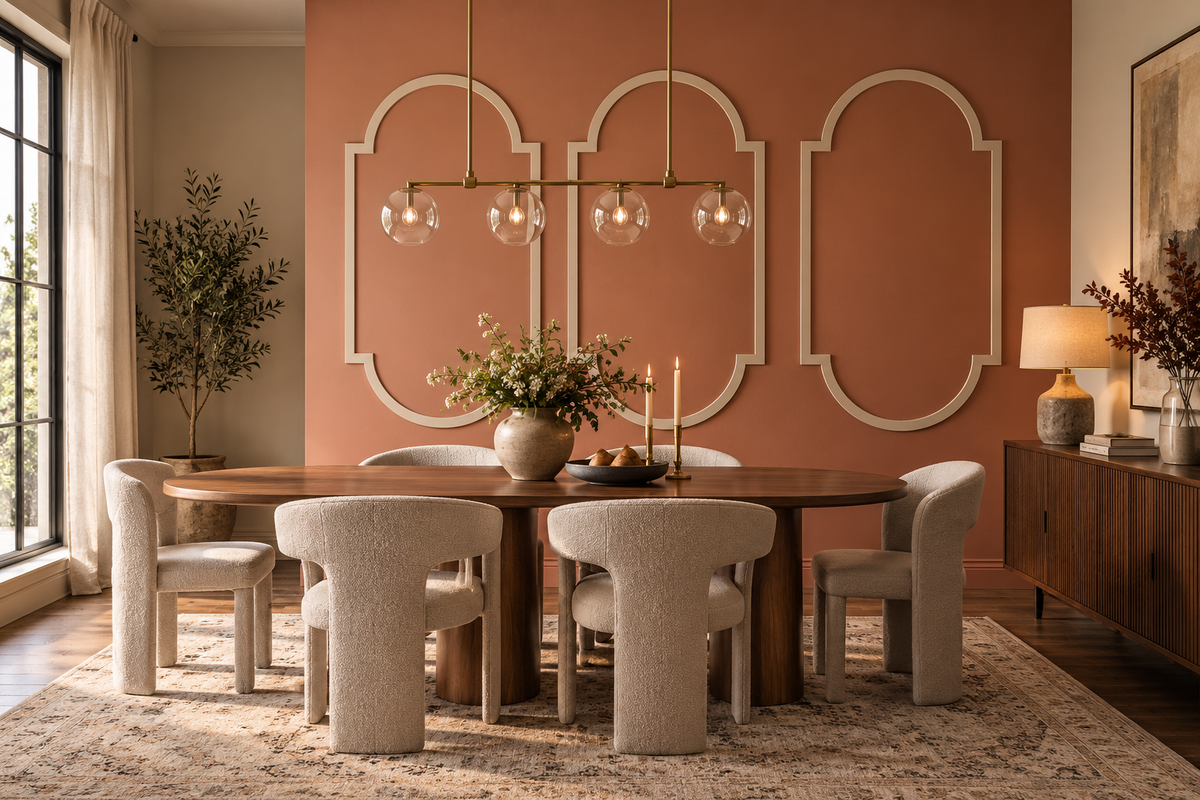 A styled dining room featuring a round wooden dining table surrounded by six textured cream boucle chairs, set on a patterned area rug. The background is dominated by a terracotta-colored wall with decorative white molding arches, illuminated by a brass three-light linear chandelier.