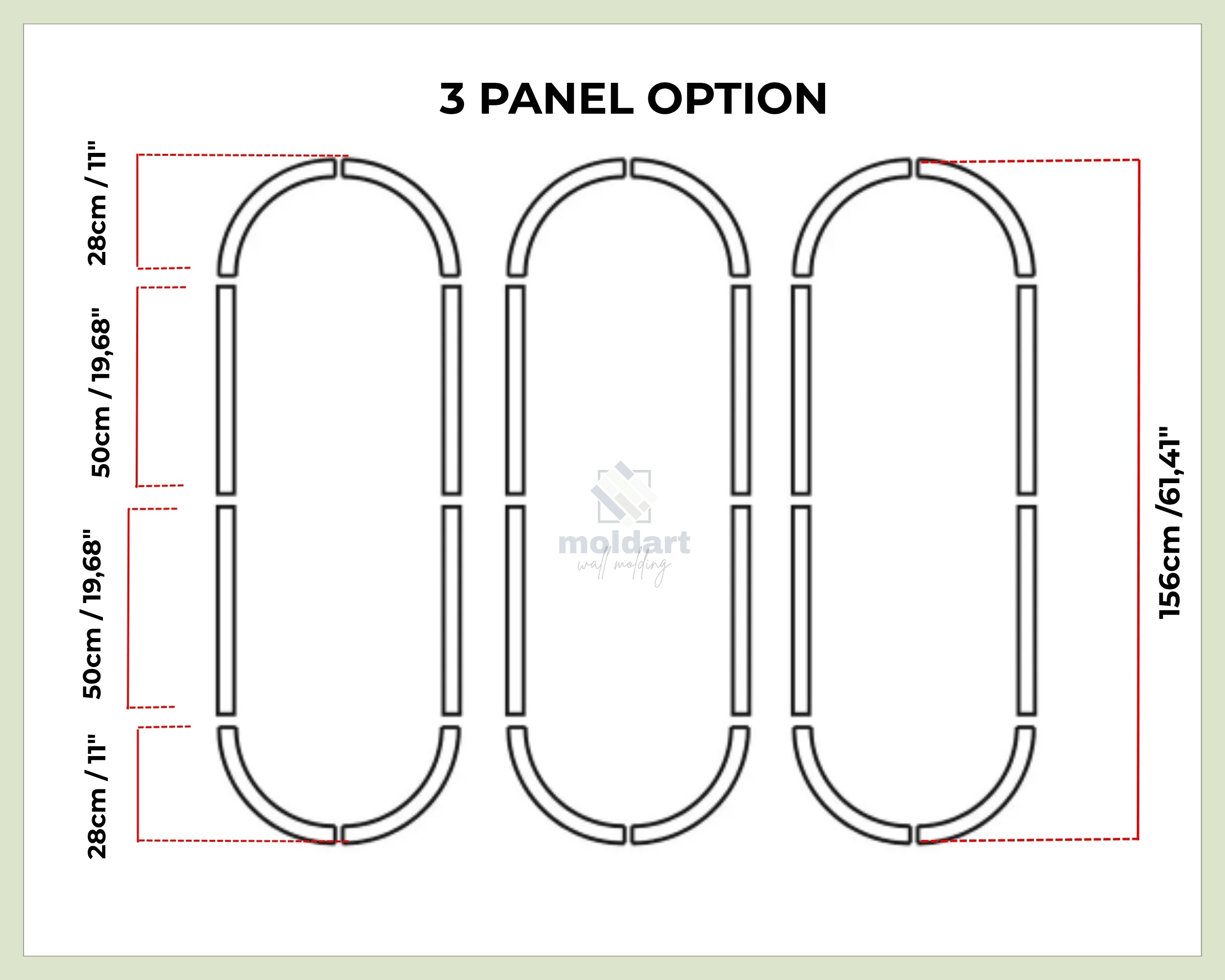 arched wall molding measurements diagram of three panel option with dimensions.