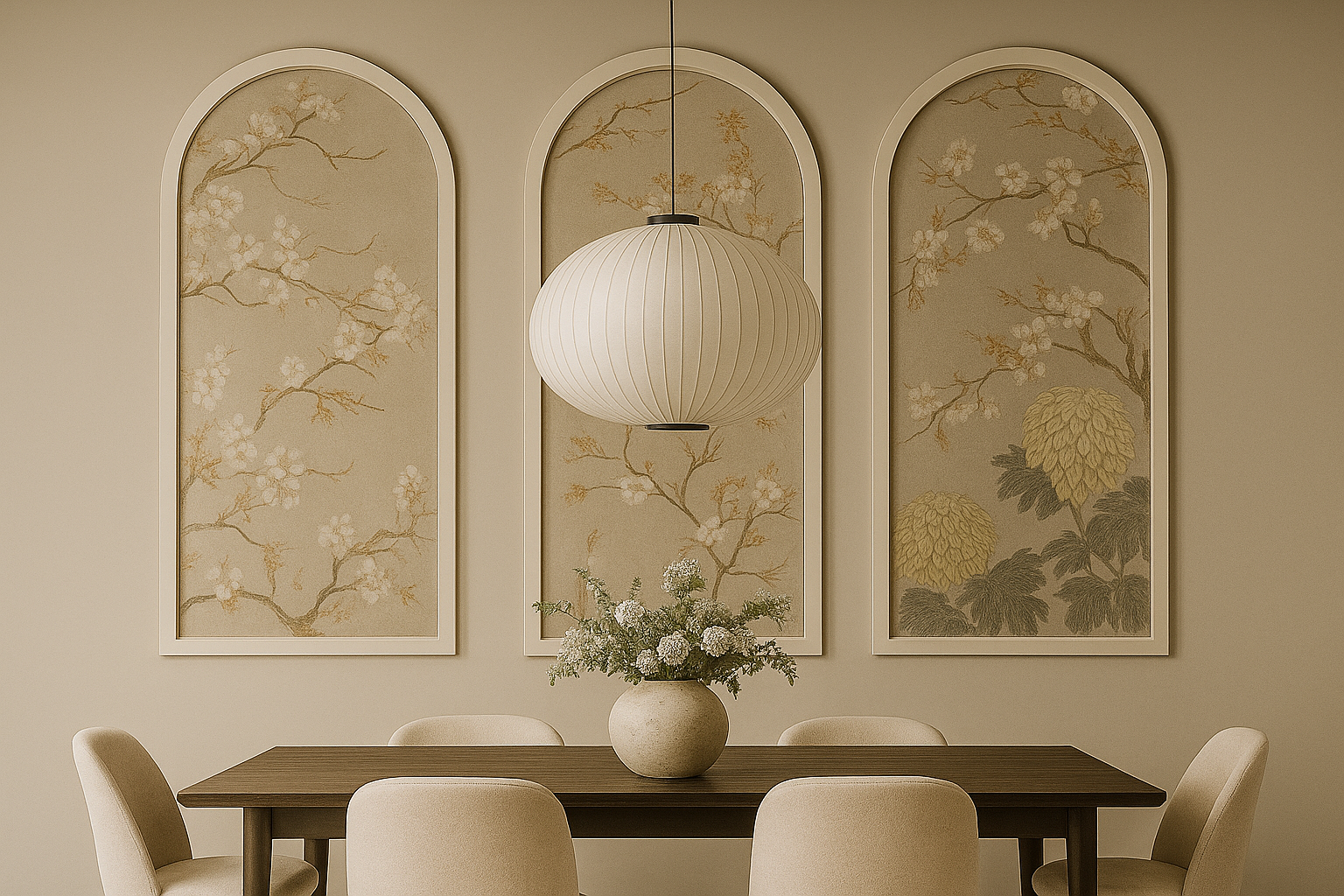 arched wall molding panel for dining room with floral wall art and a vase on a table