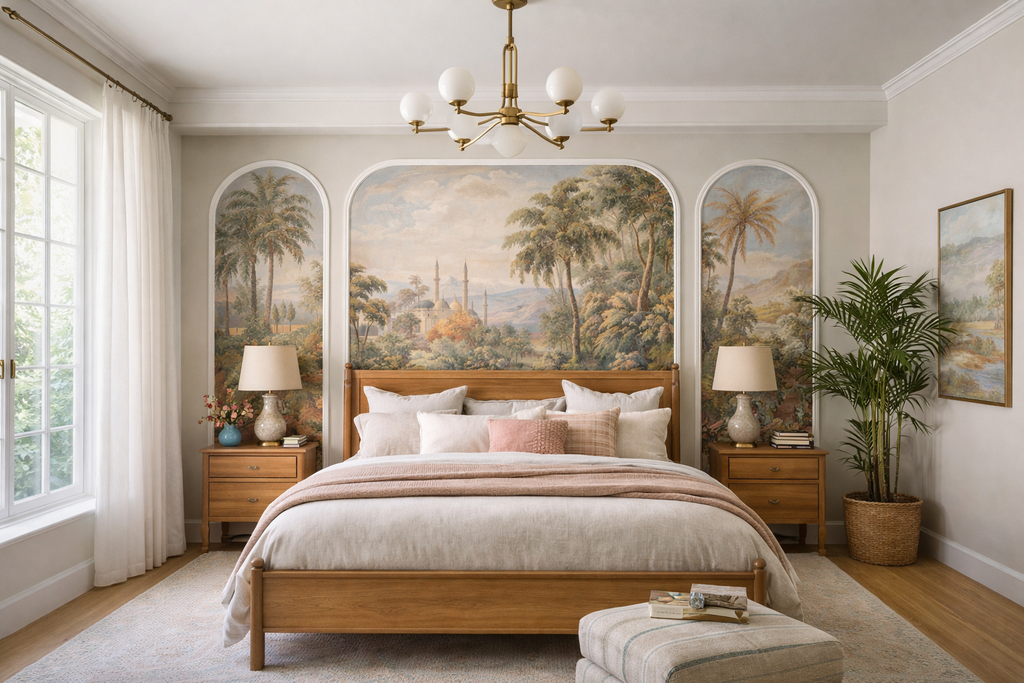 Neatly decorated bedroom with a large bed, nightstands, and an arched wall panel and wallpaper.