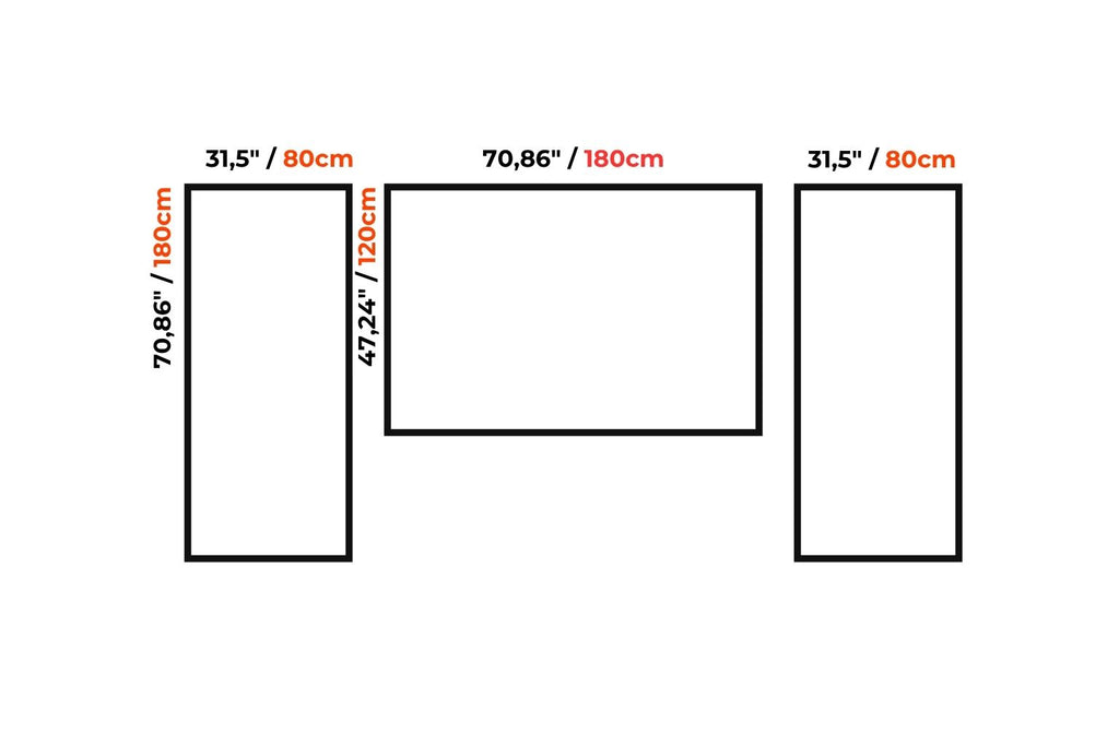 A simple black-and-white product diagram showing three rectangular panel shapes with printed dimensions in inches and centimeters: two tall panels labeled 31,5" / 80cm by 70,86" / 180cm, and one wide panel labeled 70,86" / 180cm.