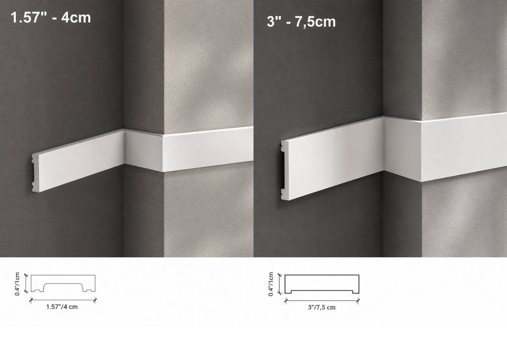 Two pieces of molding trim with measurements and a close-up of the backside on a wooden surface.