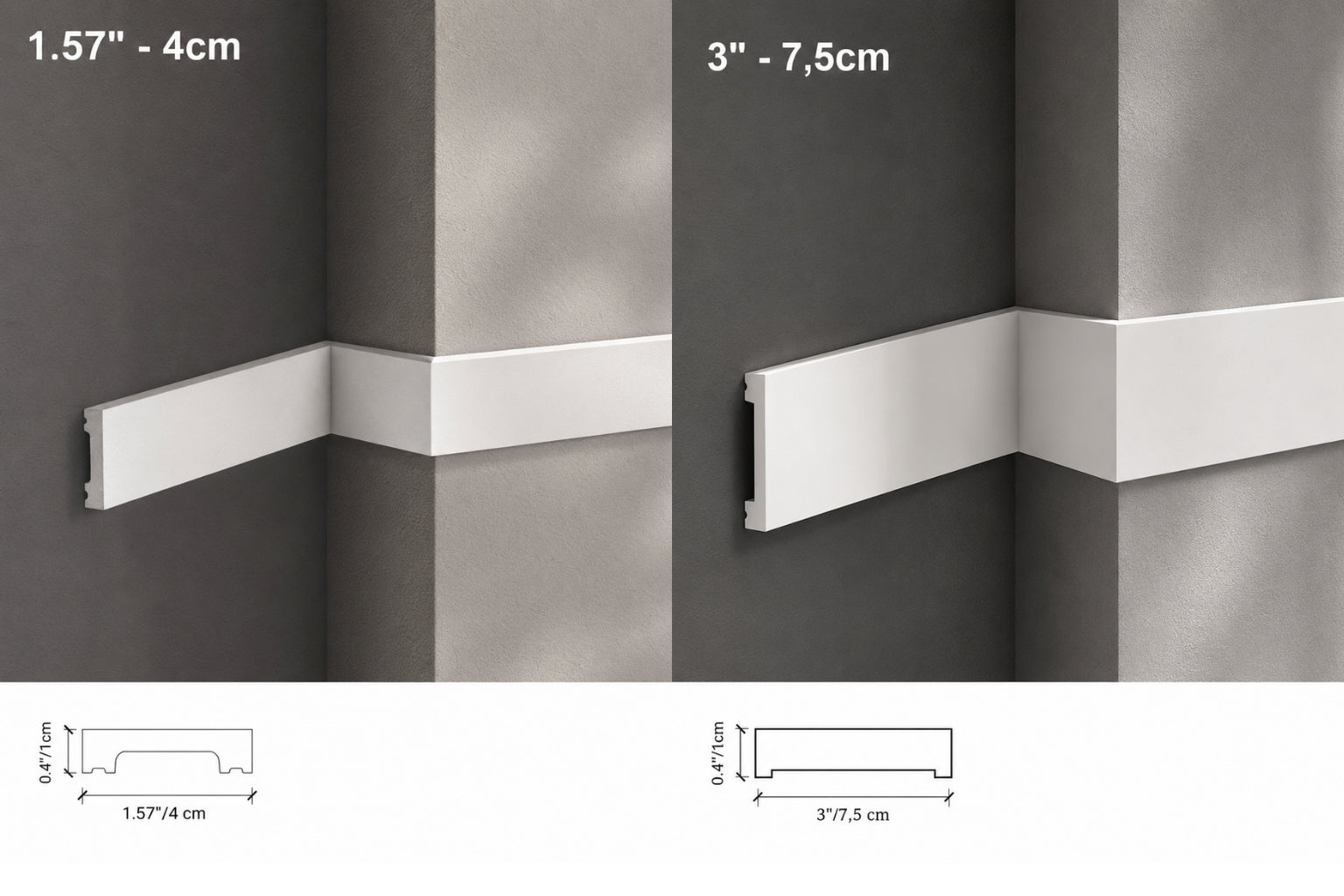 Two pieces of molding trim with measurements and a close-up of the backside on a wooden surface.