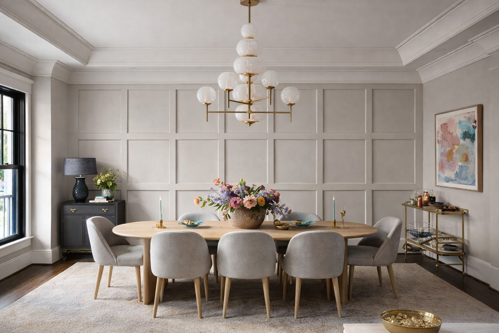 Dining room with a round table, chairs, and decorative board and batten style wall molding design.