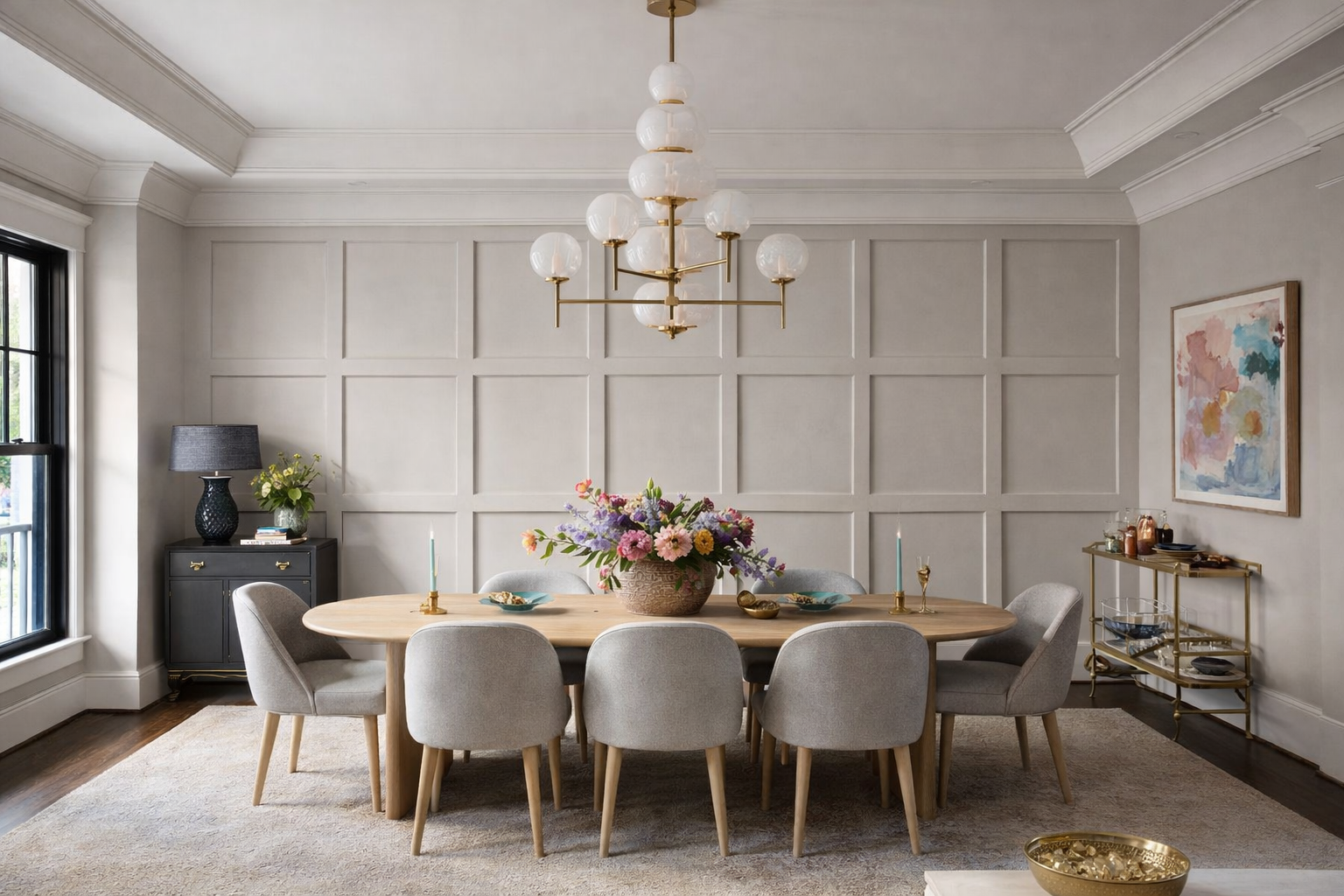 Dining room with a round table, chairs, and decorative board and batten style wall molding design.