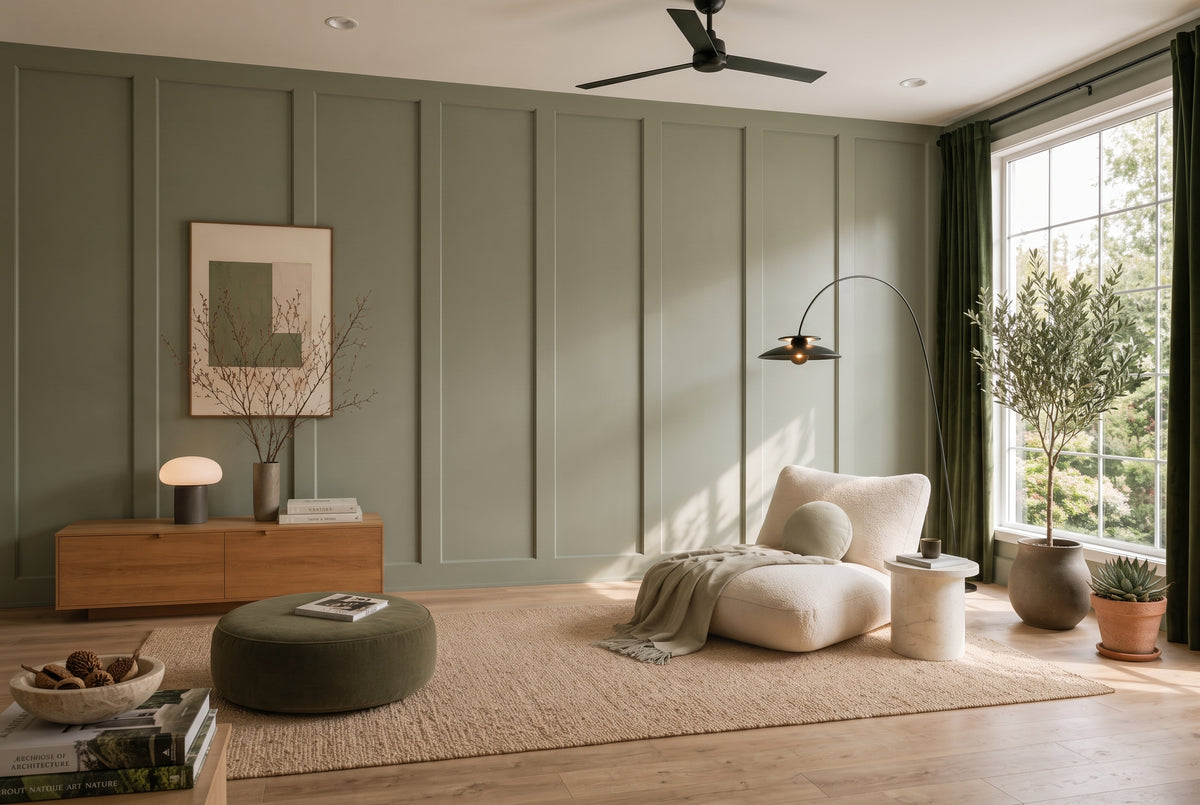 A styled living room interior with sage green paneled walls, a cream lounge chair, a green ottoman, a beige rug, wood sideboard, and large windows with green curtains.
