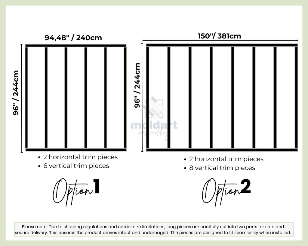 board and batten wall molding diagram showing two options for horizontal and vertical trim pieces with measurements.