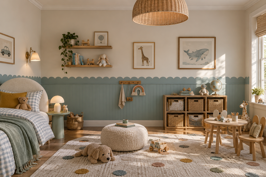 A beautifully styled children's bedroom featuring a light blue and beige wainscoted wall, a round white pouf, a colorful polka-dot rug, a wooden toy cabinet, and framed animal prints on the wall.