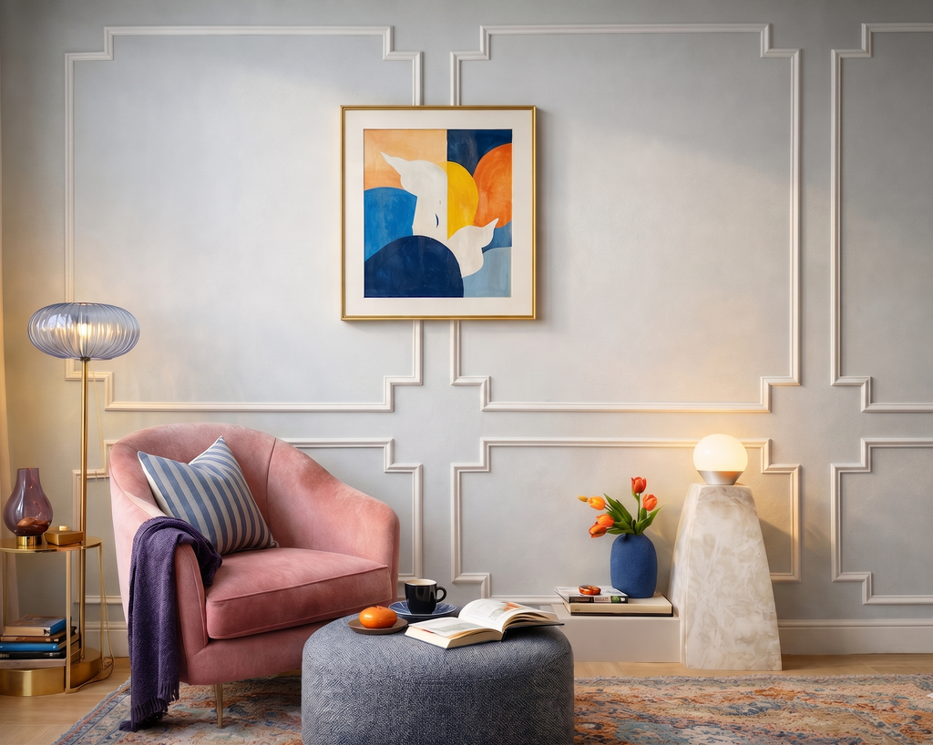 Pre-cut classic corner wall molding kit with ready to assemble frame trims