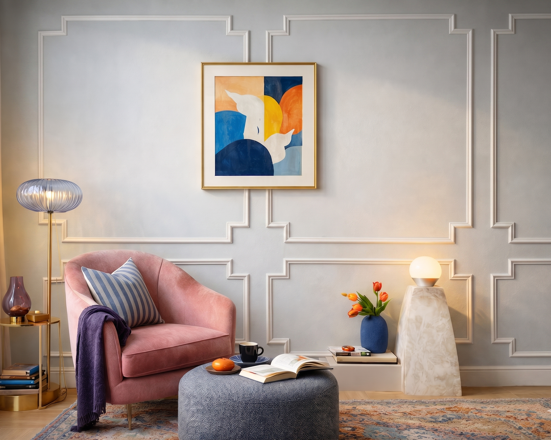 Pre-cut classic corner wall molding kit with ready to assemble frame trims