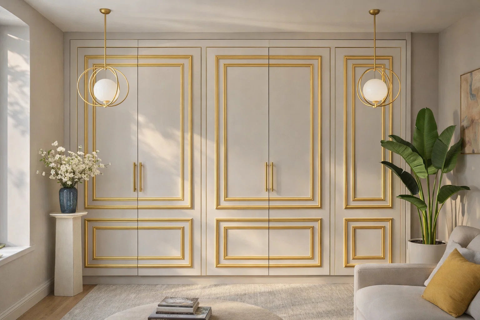 A large built-in wardrobe or closet system with cream doors and ornate gold panel molding, shown in a styled interior room with pendant lights, a sofa, and a plant.