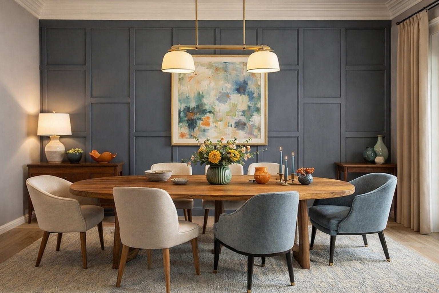 Contemporary dining room with decorative geometric wall panels and modern molding trim installation- with wooden table and chairs.