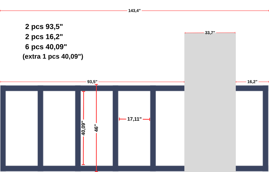 Measurement chart with dimensions of various components, including a staircase layout.