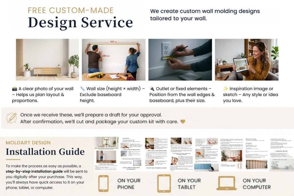 Promotional infographic for a custom wall molding design service, featuring text sections on free custom-made design service and installation guide, alongside small example photos of a person measuring and installing wall moldings.