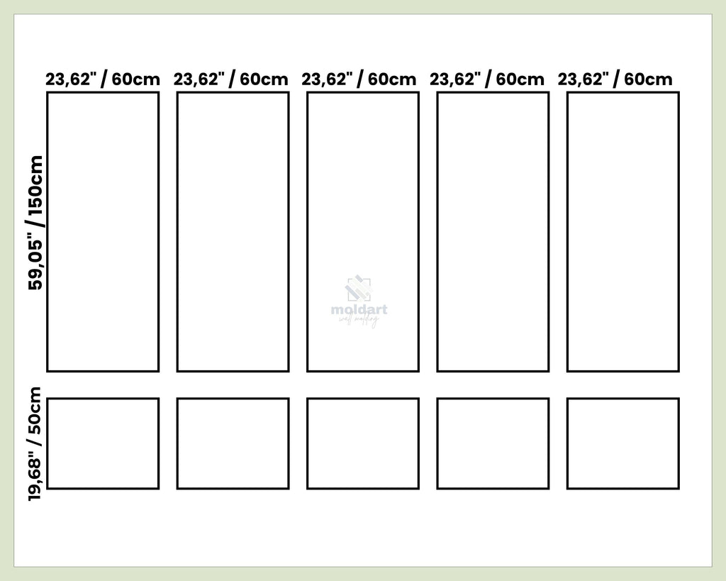  wall molding kit measurement chart with dimensions in inches and centimeters.
