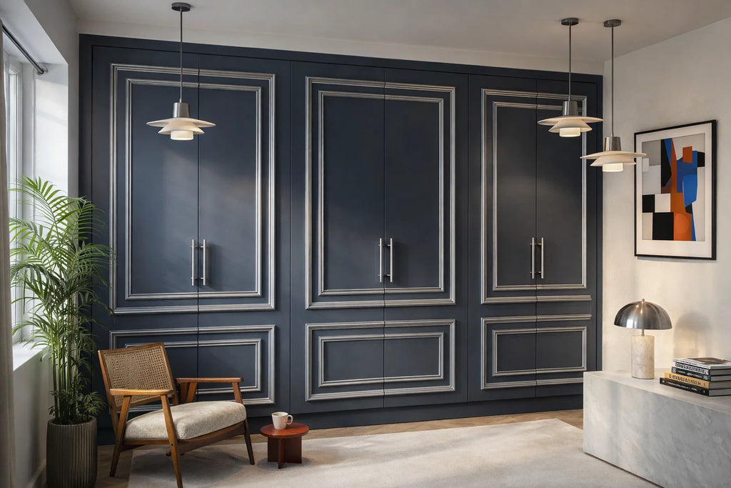 A modern interior room featuring a large built-in wardrobe or cabinet wall in dark navy blue with silver panel molding, silver handles, pendant lights, a woven wood armchair, a potted plant, and a small side table.