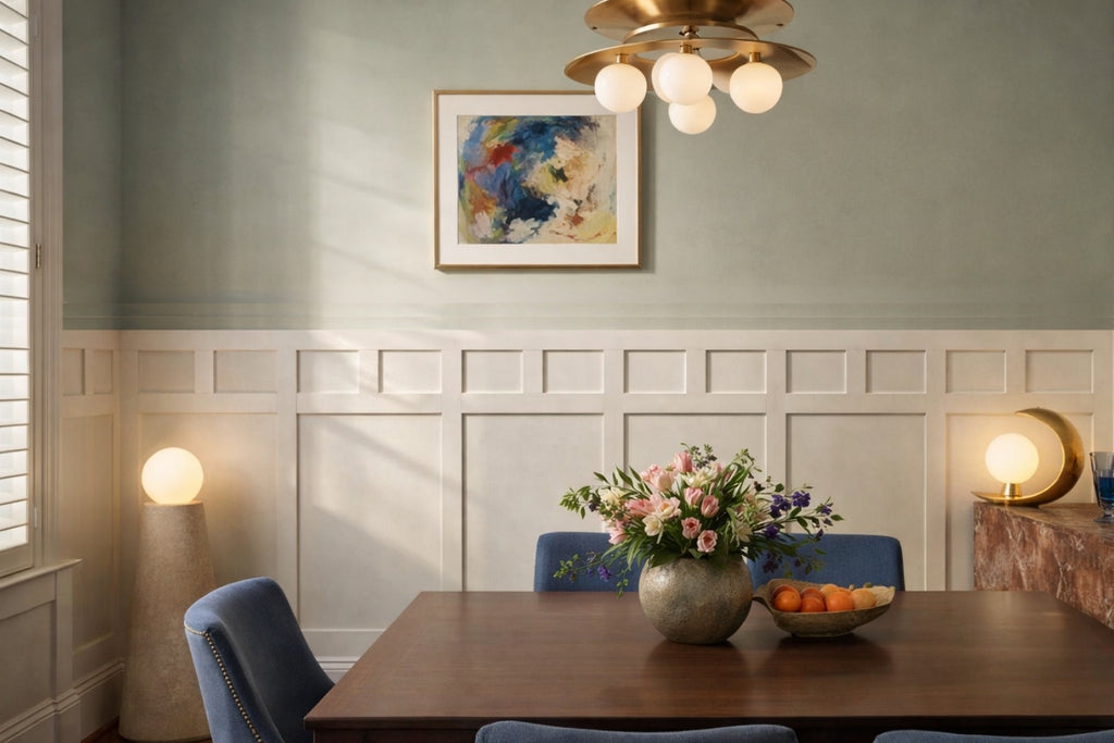 Decorative wall grid molding design in a dining room featuring pre-cut polystyrene wall trim and elegant accent wall panels.